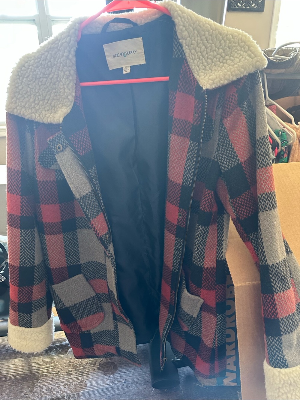 Thread & Supply Red and Black Plaid Sherpa-Collar Pea Coat